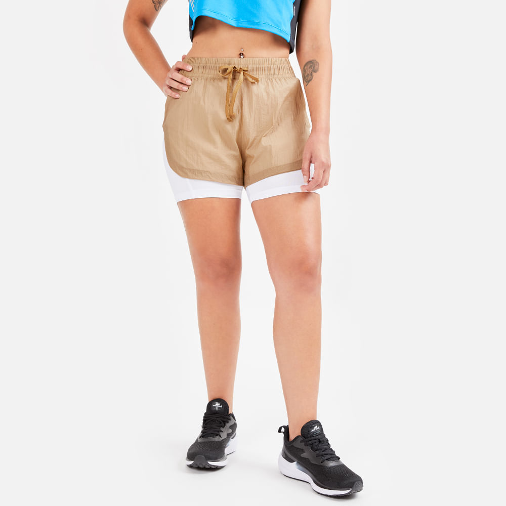 Ropa New Athletic Short Biker Rossel Beige Con Blanco Para Mujer